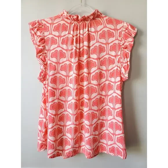 Crown Ivy Women Ruffle Pink Print Sleeveless shirt top L Coastal Casual Preppy - Picture 6 of 9